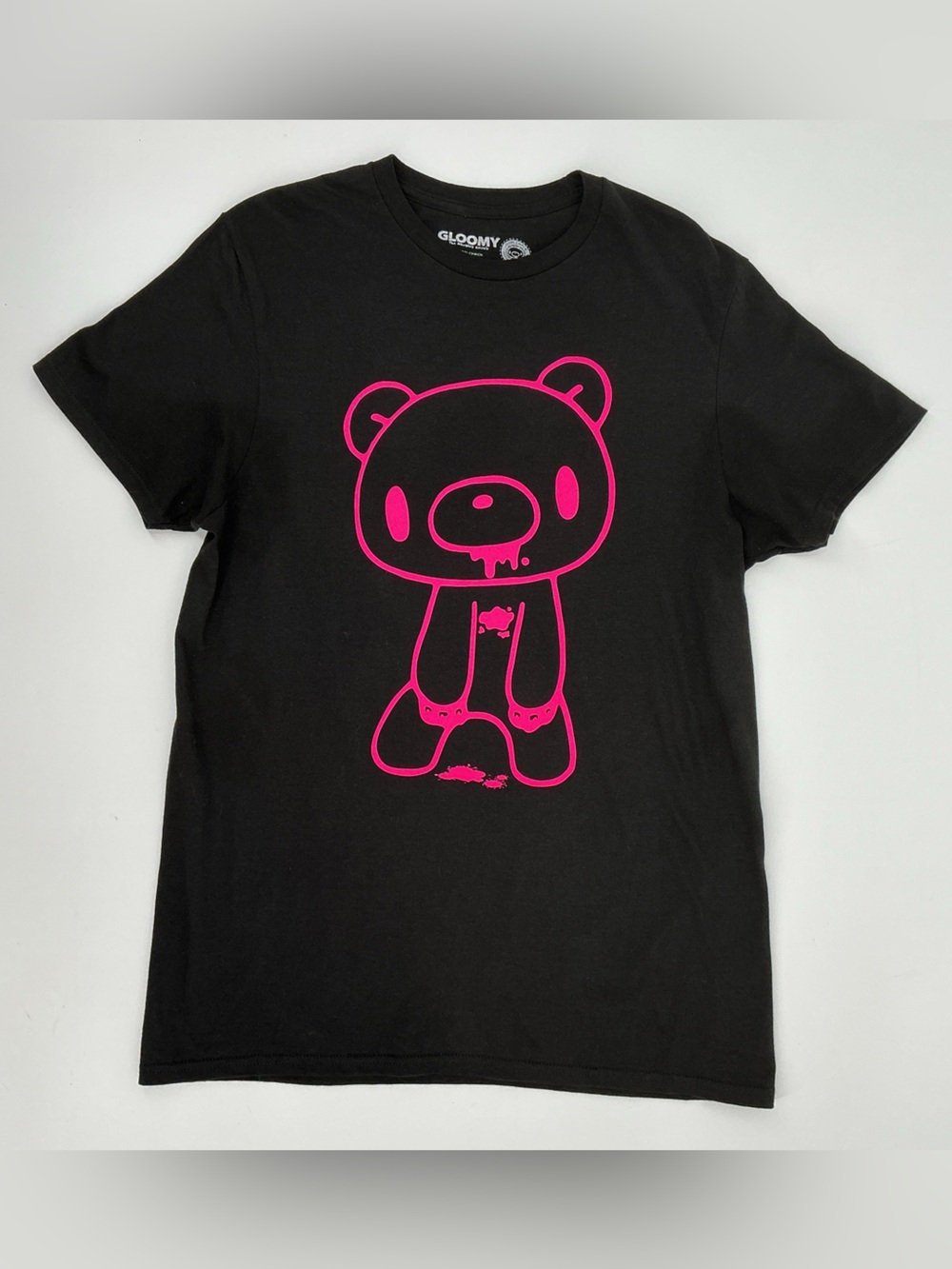 Gloomy Bear Pink Neon Outline Graphic on Black Tee